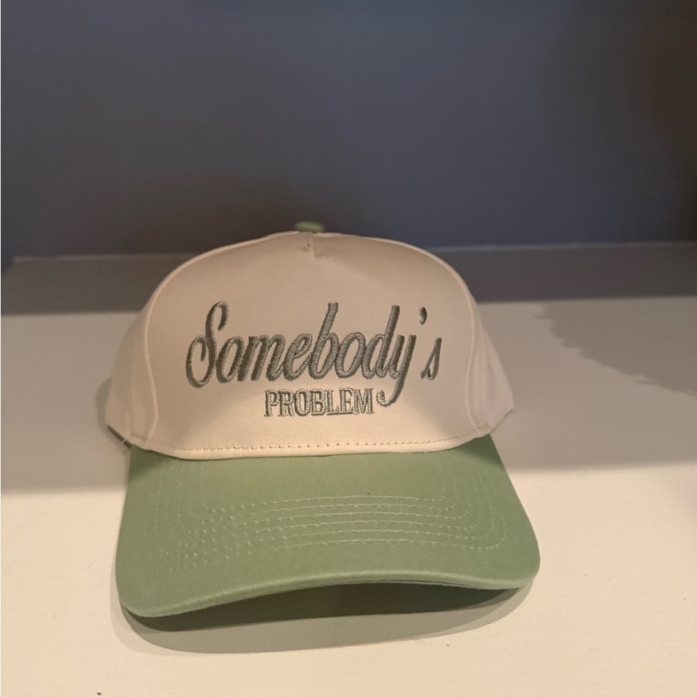 Cream and Green Cap with Embroidered Text